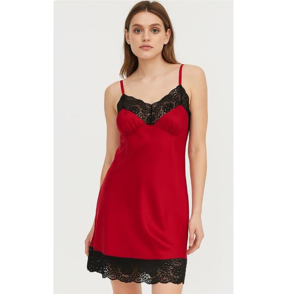 Y2K Victoria's secret Silk Red slip dress Vtg Lace trim Babydoll coquette Size M - Picture 1 of 11